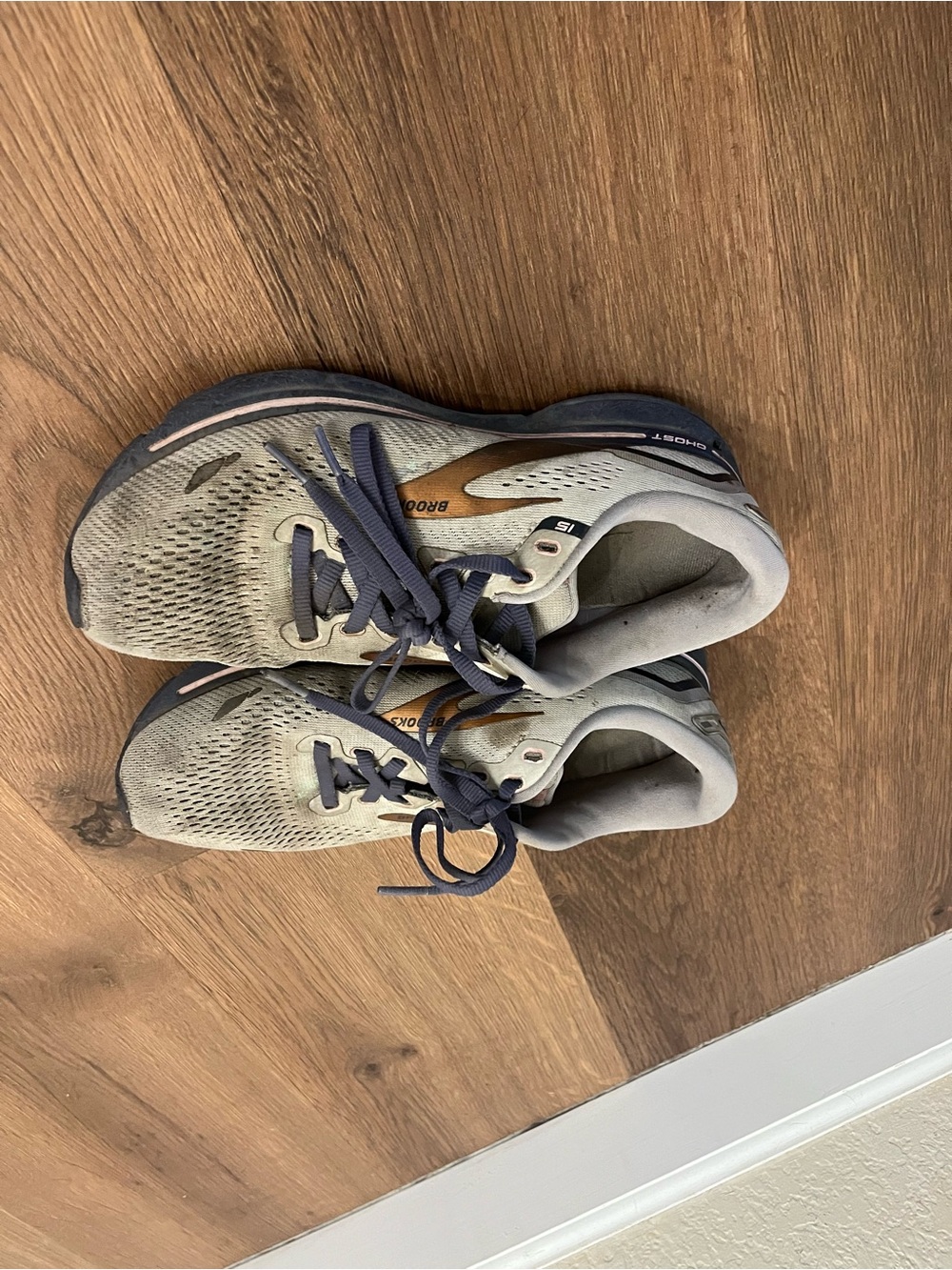 Well worn Brooks Women’s Athletic Shoes - Light Gray with Navy and Brown Accents